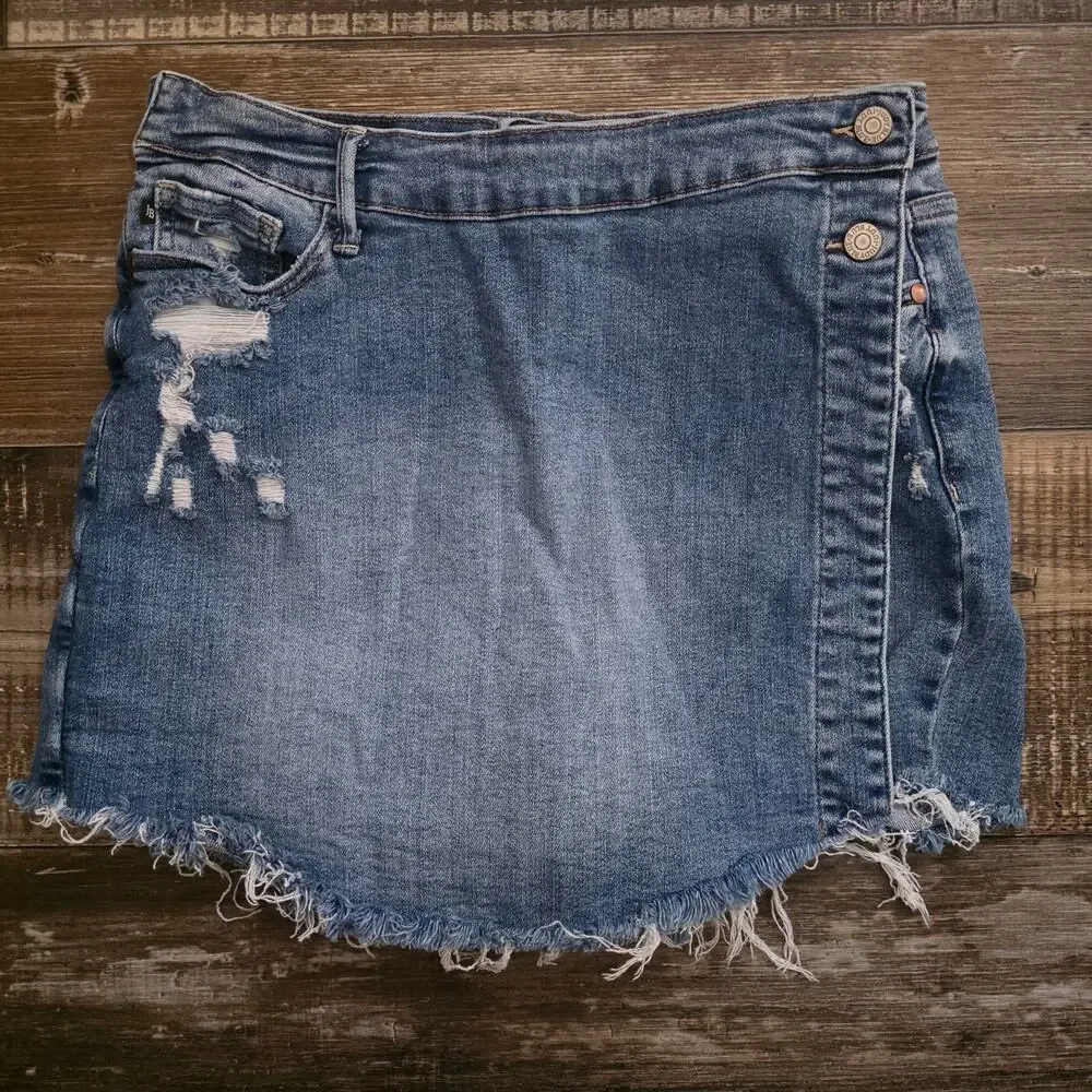 Judy Blue Factory Distressed Denim Asymmetrical Wrap Skort Size Large